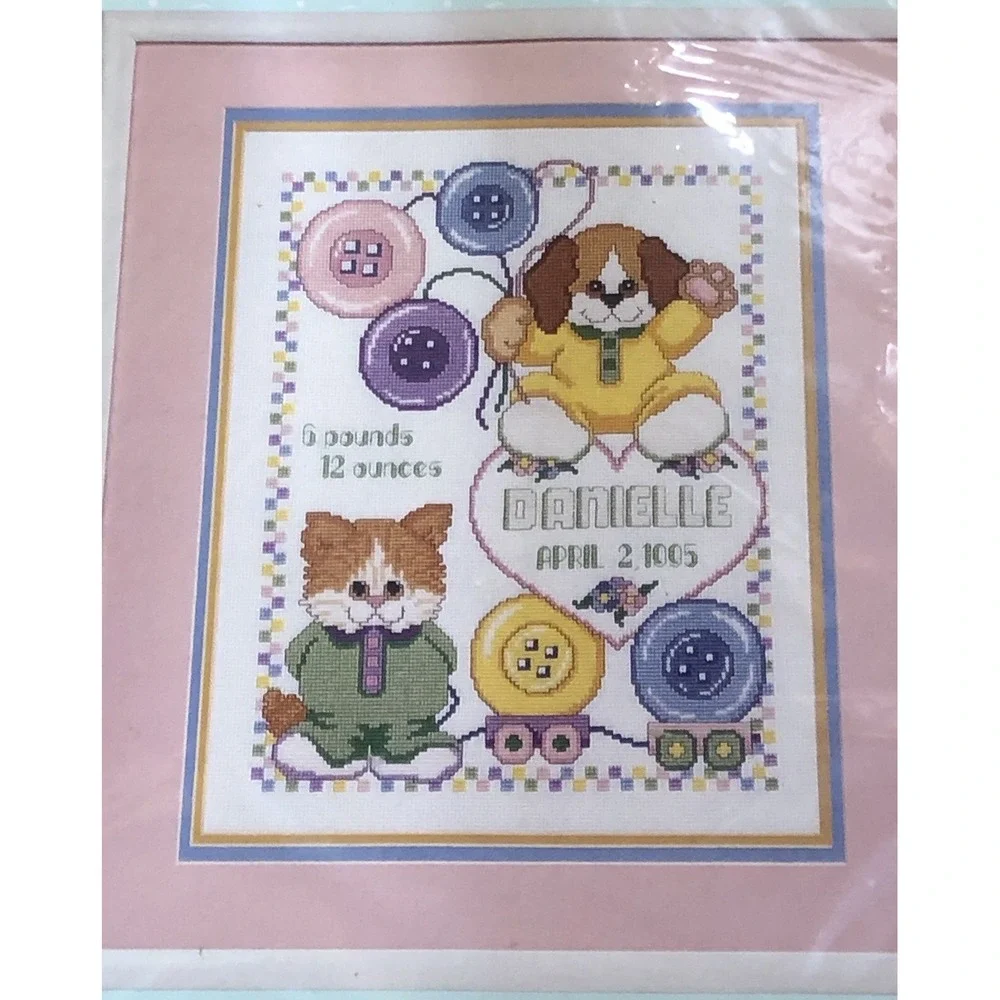 JANLYNN Counted Cross Stitch Kit CUTE AS A BUTTON BIRTH‎ ANNOUNCEMENT 54-60 Cat